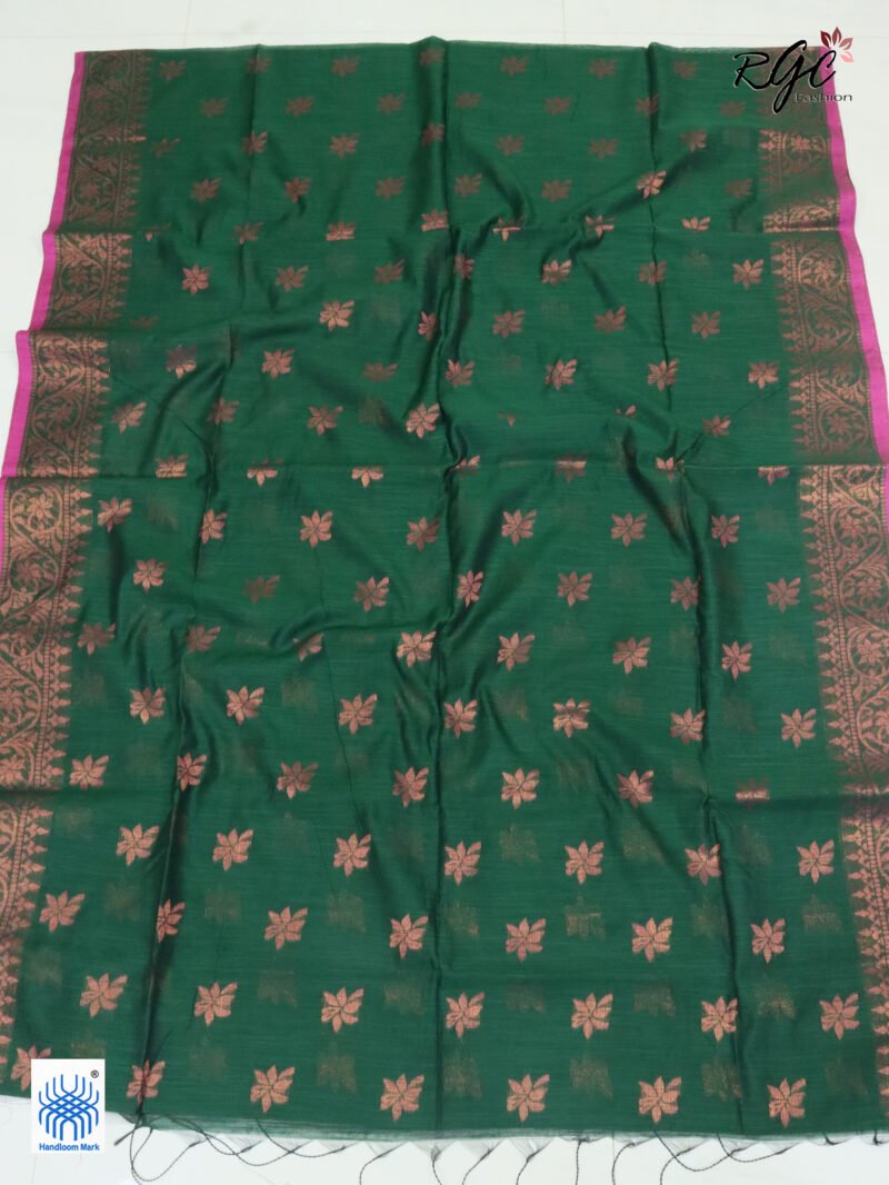 Dark Green Blue Copper Zari Work Cotton Silk Jamdani Saree - Image 3