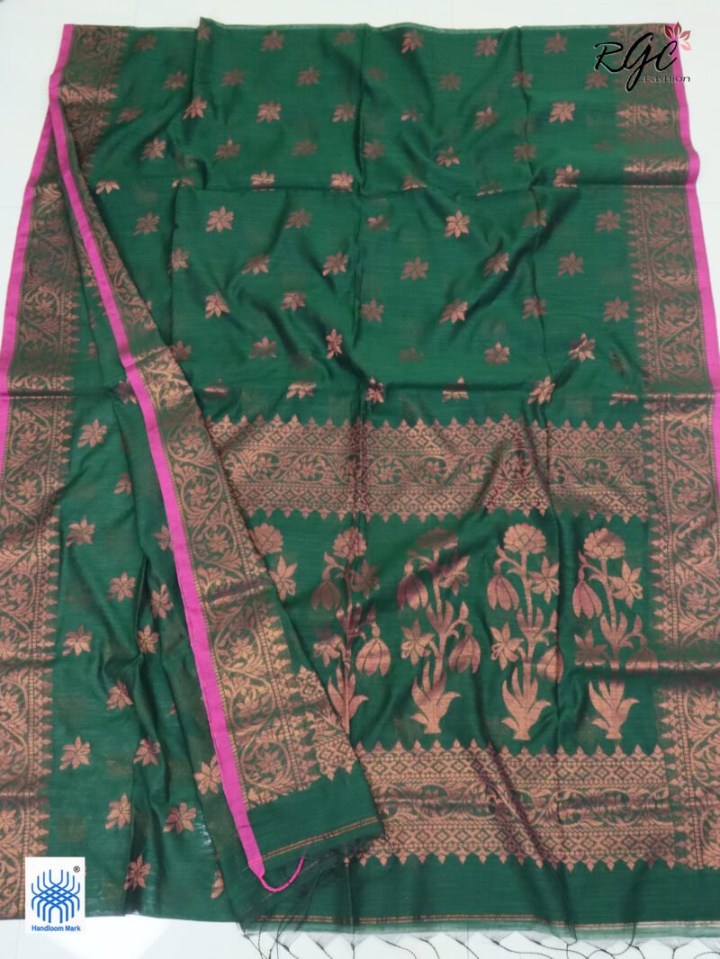 Dark Green Blue Copper Zari Work Cotton Silk Jamdani Saree - Image 2