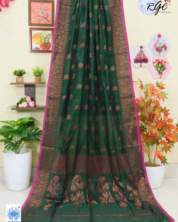 Dark Green Blue Copper Zari Work Cotton Silk Jamdani Saree