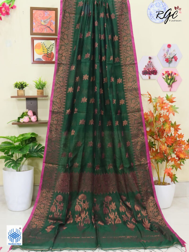 Dark Green Blue Copper Zari Work Cotton Silk Jamdani Saree