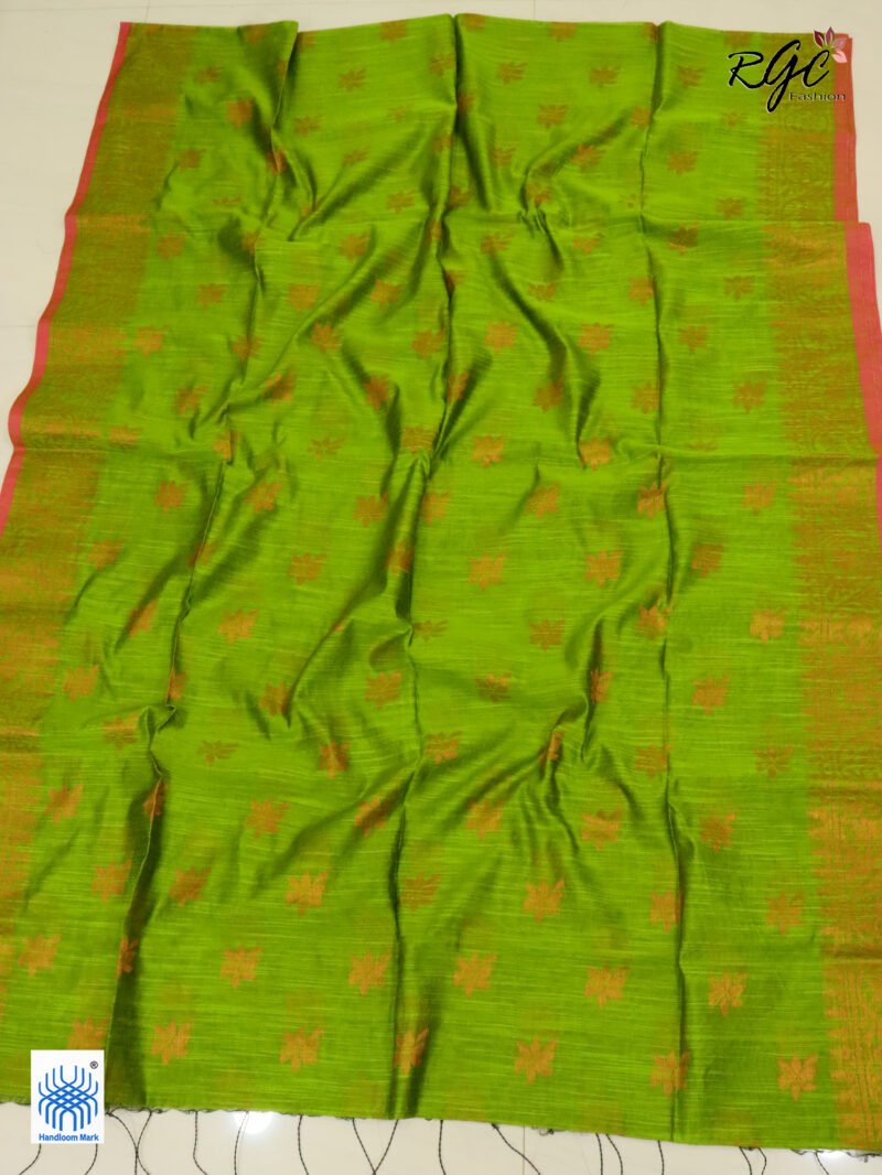 Brown Green Copper Zari Work Cotton Silk Jamdani Saree - Image 3