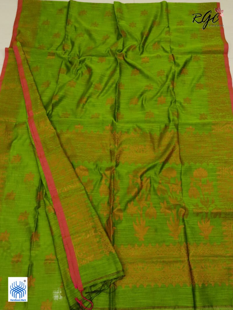 Brown Green Copper Zari Work Cotton Silk Jamdani Saree - Image 2