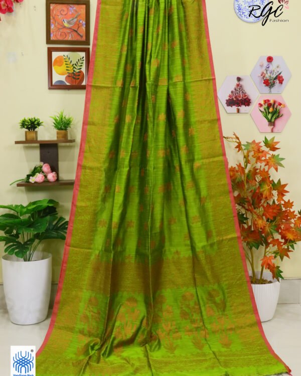 Brown Green Copper Zari Work Cotton Silk Jamdani Saree