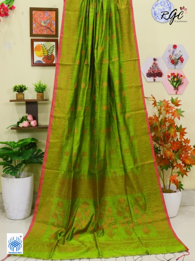 Brown Green Copper Zari Work Cotton Silk Jamdani Saree