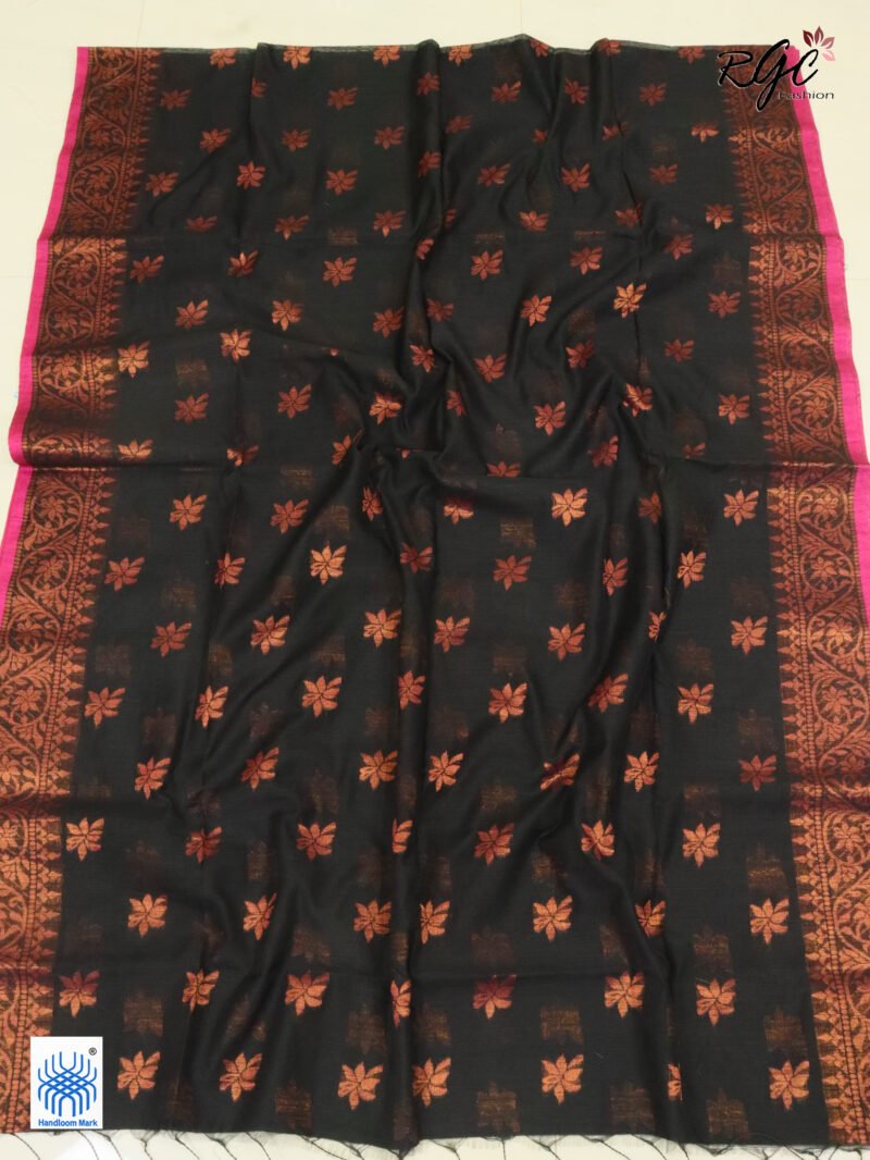 Black Copper Zari Work Cotton Silk Jamdani Saree - Image 3