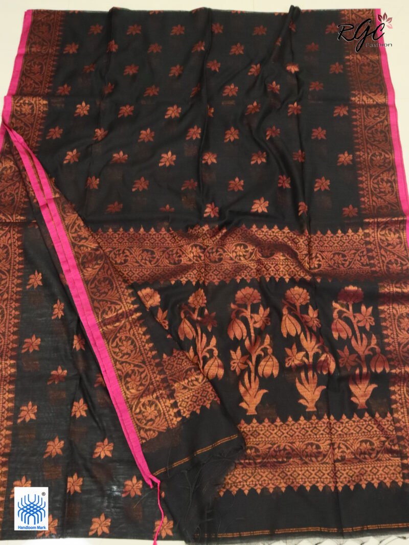 Black Copper Zari Work Cotton Silk Jamdani Saree - Image 2