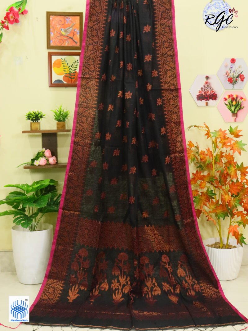 Black Copper Zari Work Cotton Silk Jamdani Saree