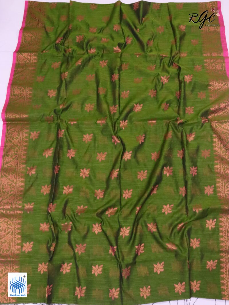 Brownish Green Copper Zari Work Cotton Silk Jamdani Saree - Image 3