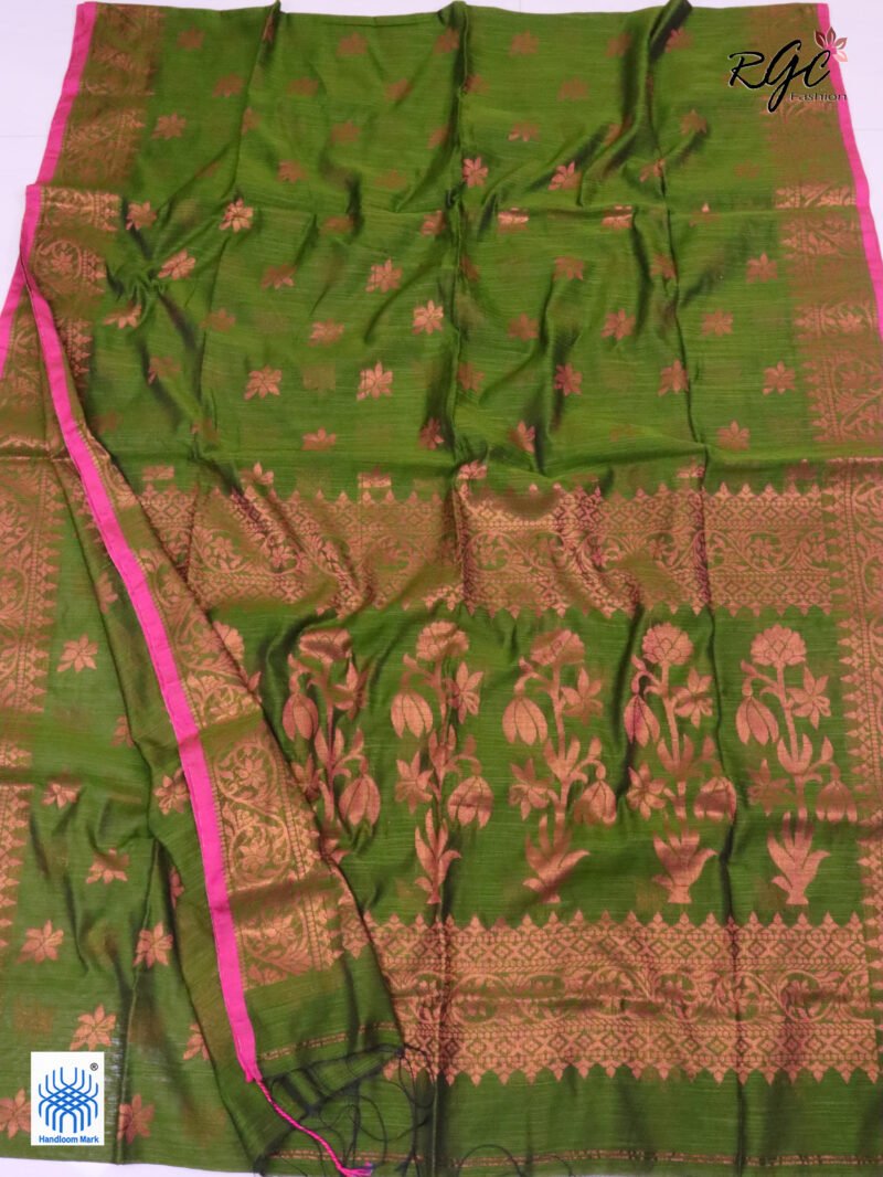 Brownish Green Copper Zari Work Cotton Silk Jamdani Saree - Image 2