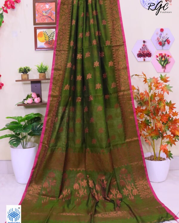 Brownish Green Copper Zari Work Cotton Silk Jamdani Saree