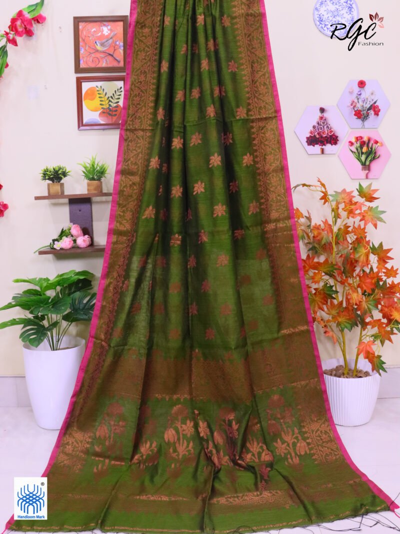 Brownish Green Copper Zari Work Cotton Silk Jamdani Saree