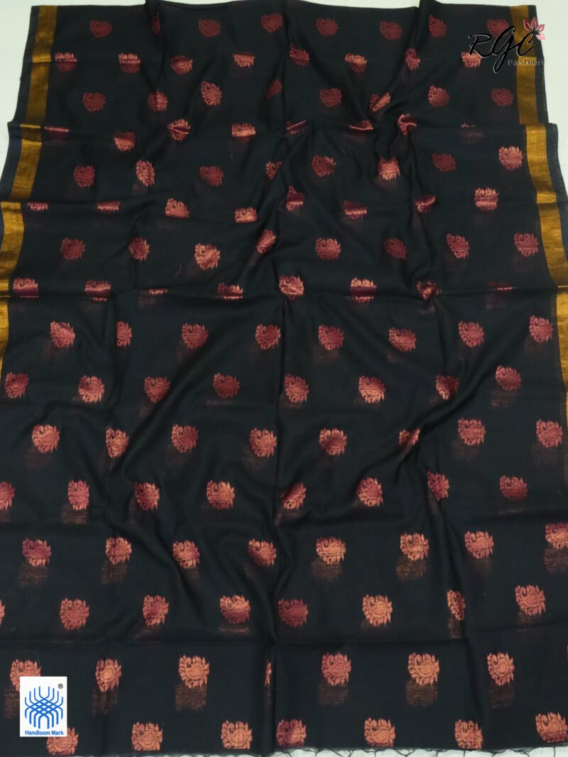 Black Copper Zari Work Cotton Silk Jamdani Saree - Image 3