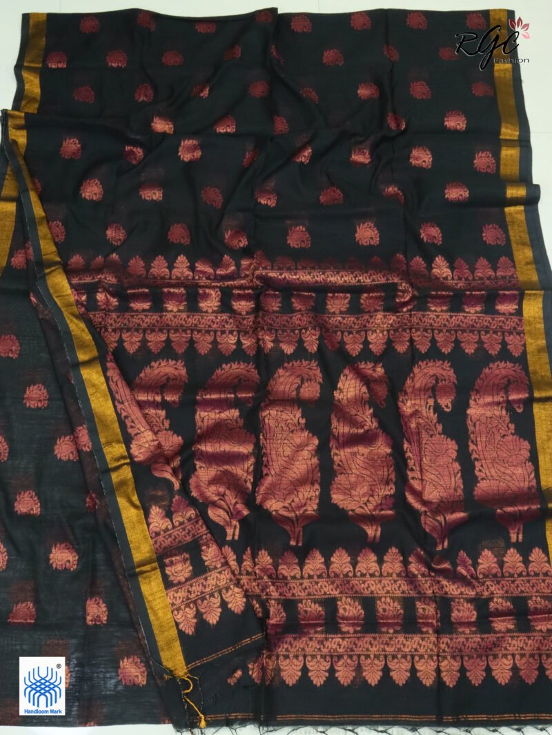 Black Copper Zari Work Cotton Silk Jamdani Saree - Image 2