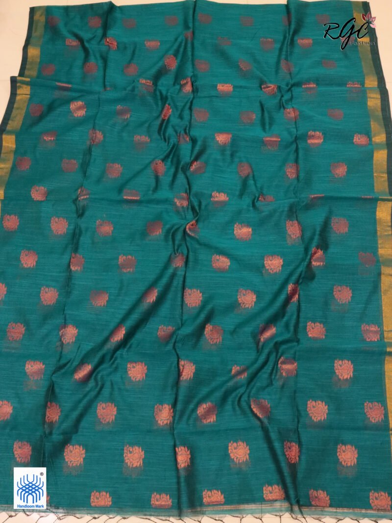 Dark Aquamarine Copper Zari Work Cotton Silk Jamdani Saree - Image 3
