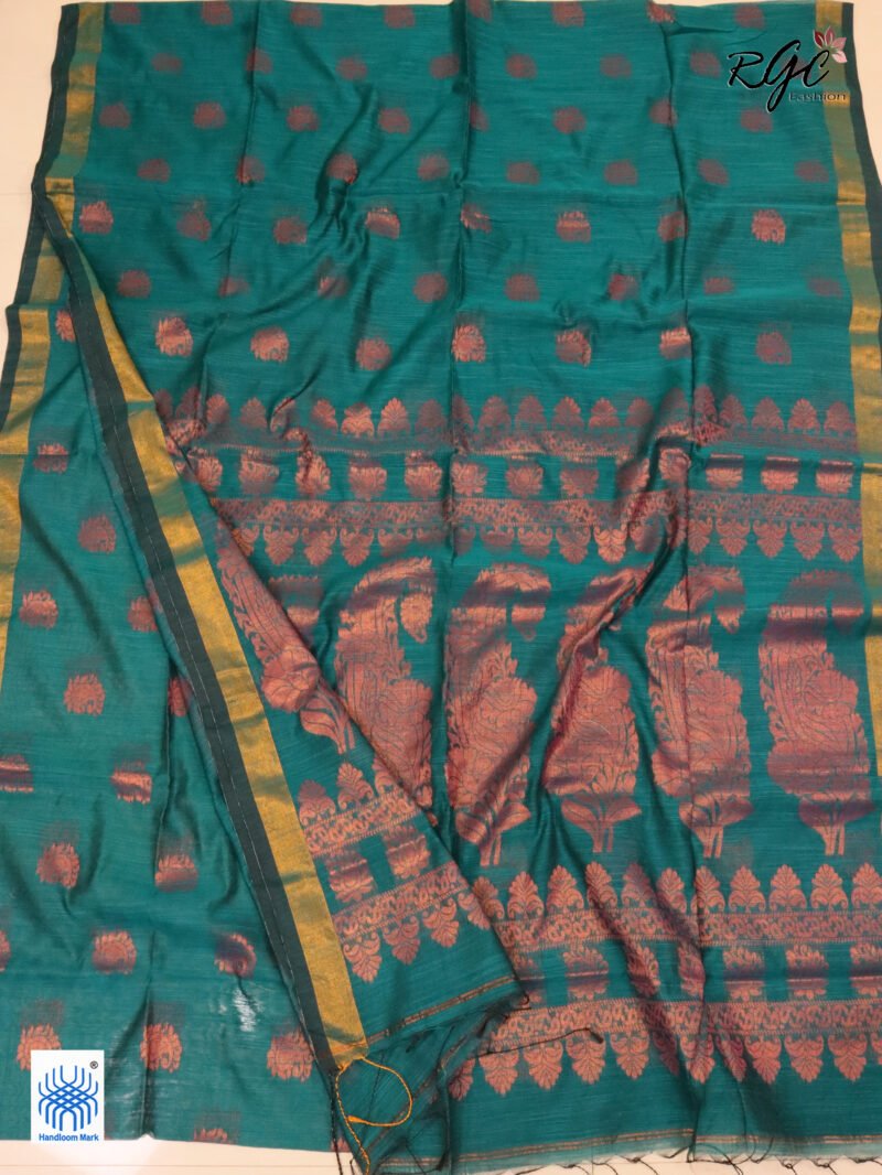 Dark Aquamarine Copper Zari Work Cotton Silk Jamdani Saree - Image 2