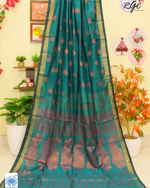 Dark Aquamarine Copper Zari Work Cotton Silk Jamdani Saree
