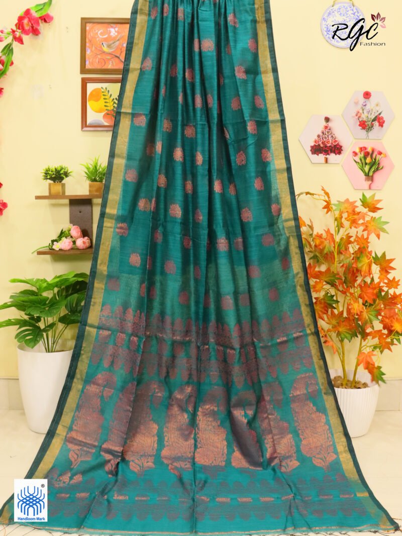 Dark Aquamarine Copper Zari Work Cotton Silk Jamdani Saree
