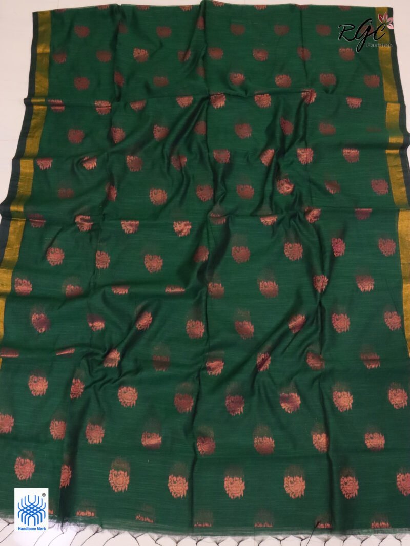 Timber Green Copper Zari Work Cotton Silk Jamdani Saree - Image 3