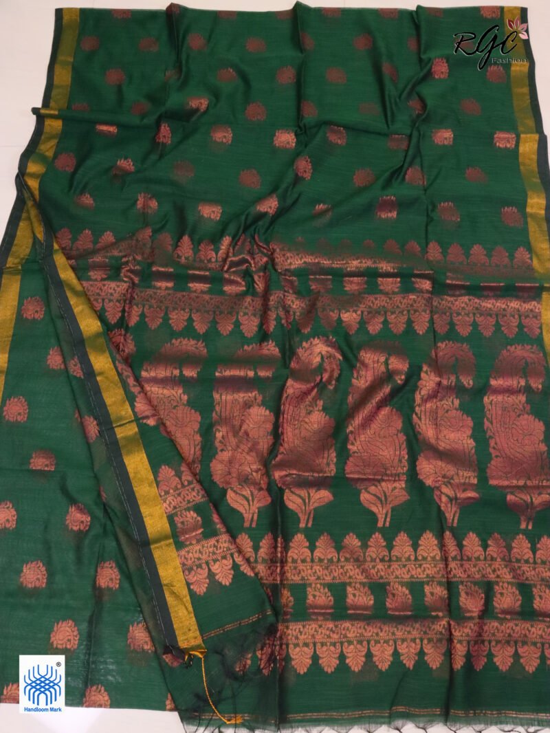 Timber Green Copper Zari Work Cotton Silk Jamdani Saree - Image 2