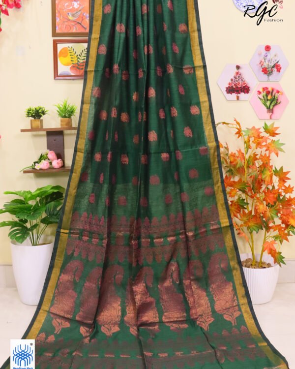 Timber Green Copper Zari Work Cotton Silk Jamdani Saree