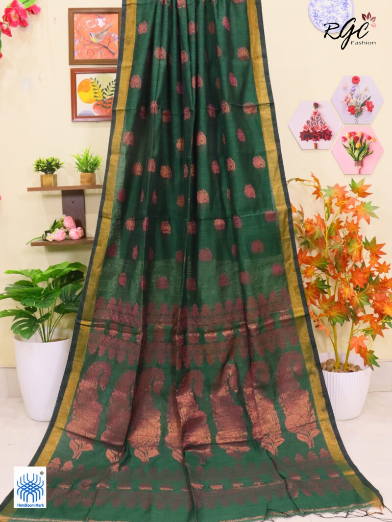 Timber Green Copper Zari Work Cotton Silk Jamdani Saree