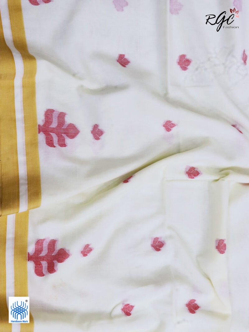 Off White Handloom Khadi Cotton Dhakai Jamdani Saree - Image 5