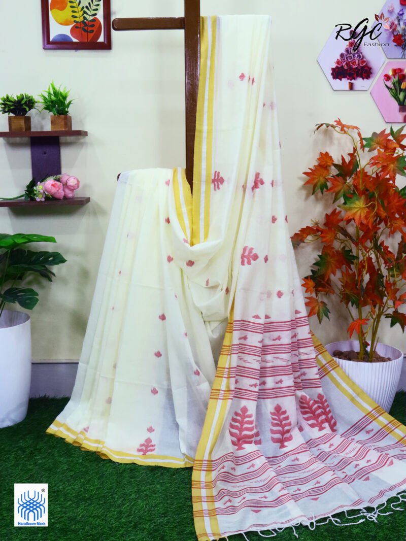 Off White Handloom Khadi Cotton Dhakai Jamdani Saree