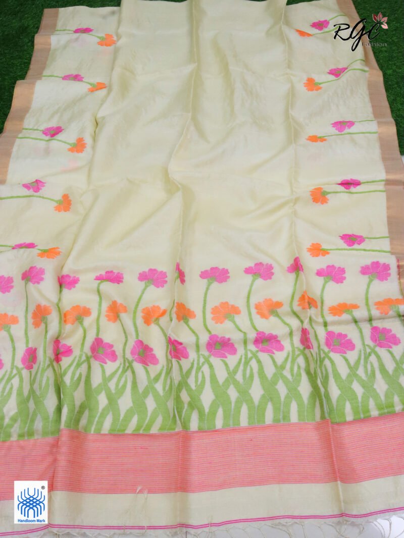 Vanilla Pure Gachi Tussar Handloom Jamdani Saree - Image 5
