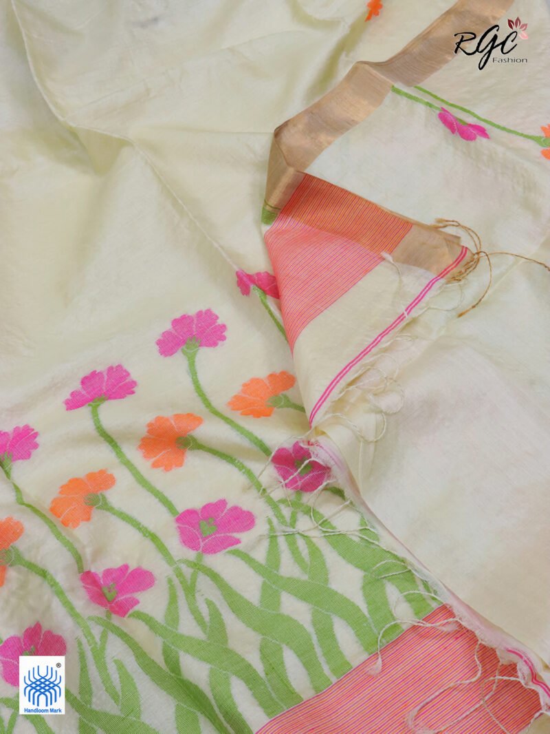 Vanilla Pure Gachi Tussar Handloom Jamdani Saree - Image 3