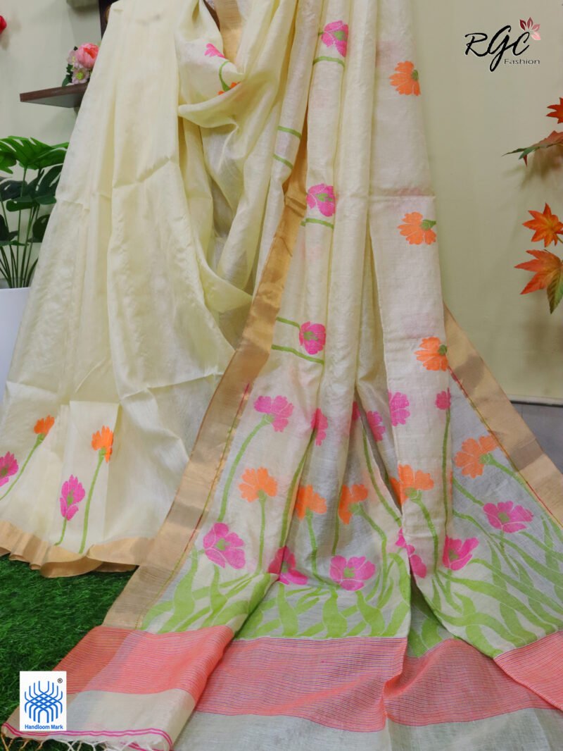 Vanilla Pure Gachi Tussar Handloom Jamdani Saree - Image 8