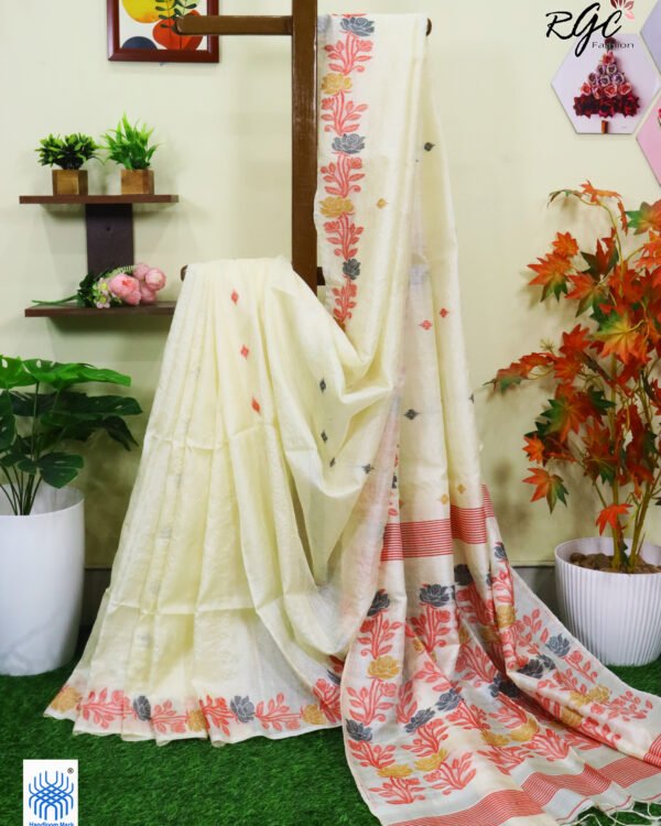 Vanilla Pure Handloom Gachi Tussar Jamdani Saree
