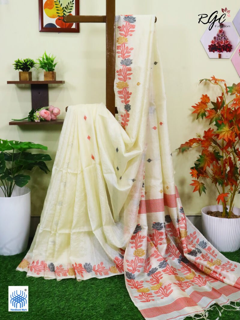 Vanilla Pure Handloom Gachi Tussar Jamdani Saree
