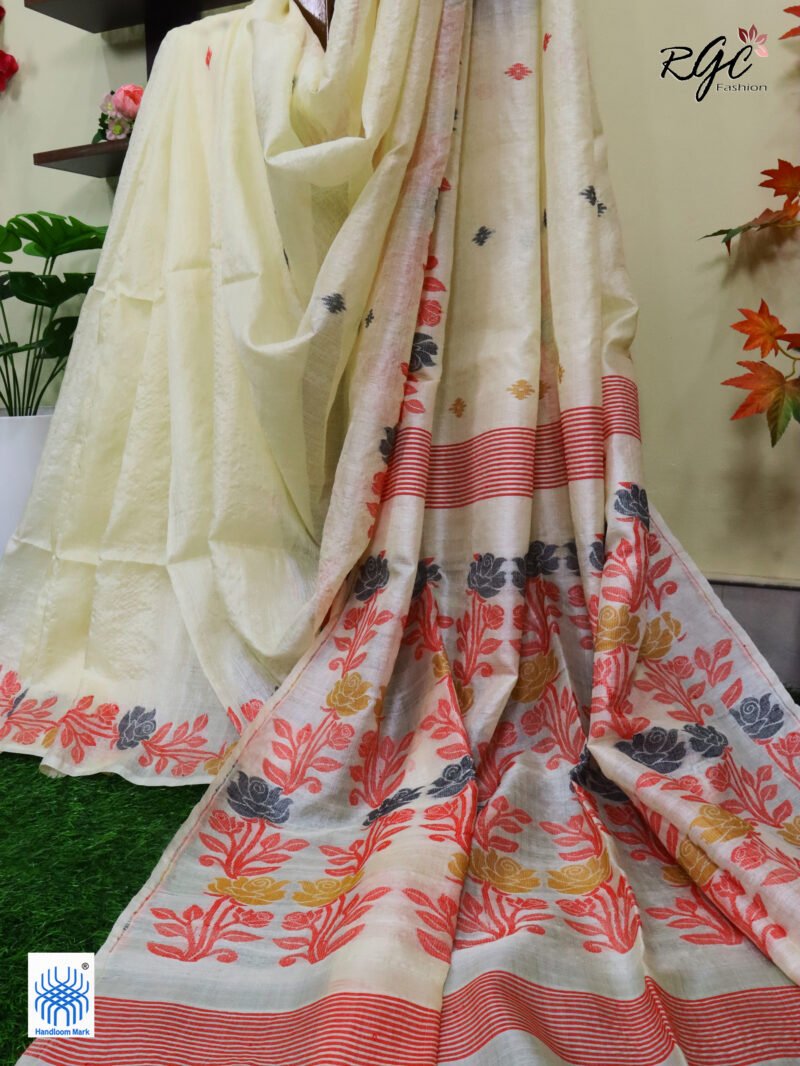 Vanilla Pure Handloom Gachi Tussar Jamdani Saree - Image 4