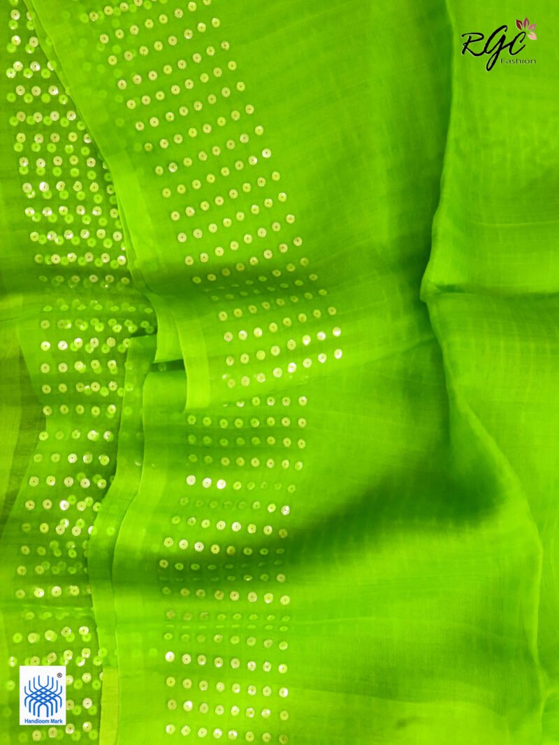 Apple Green Muslin Sequence Work Party Wear Saree - Image 7
