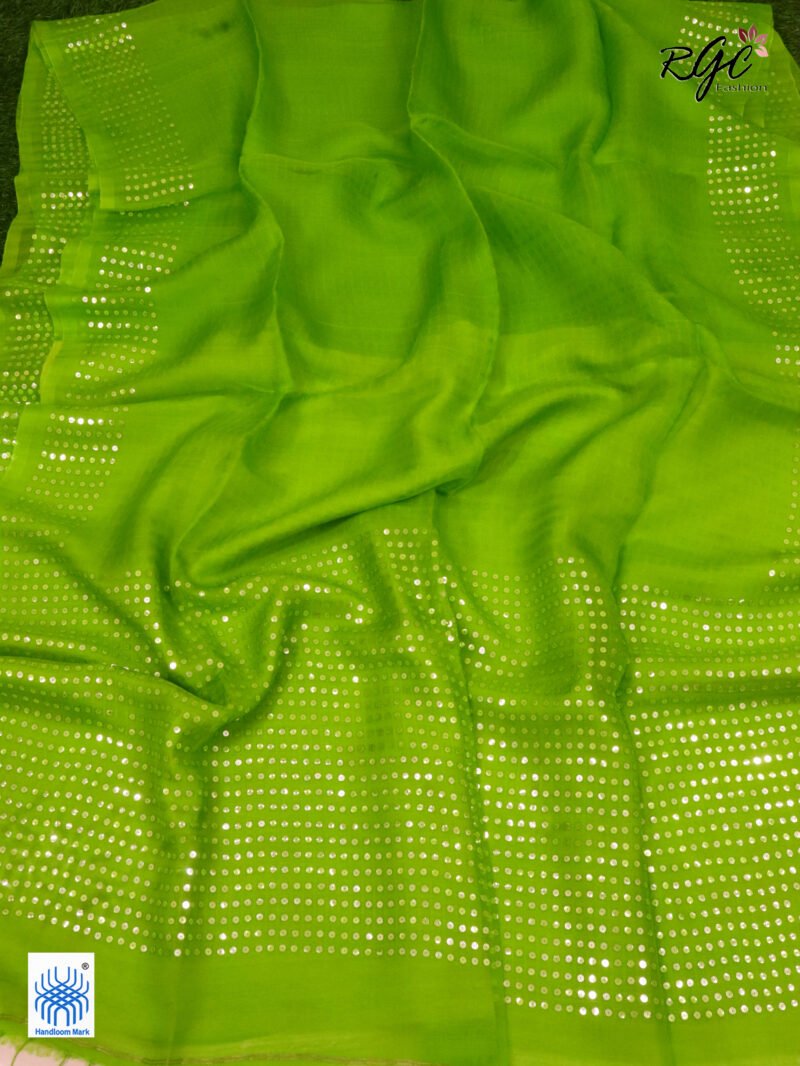 Apple Green Muslin Sequence Work Party Wear Saree - Image 6