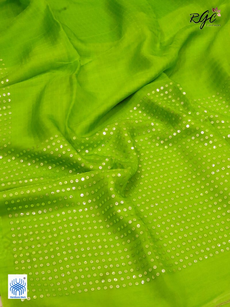 Apple Green Muslin Sequence Work Party Wear Saree - Image 5