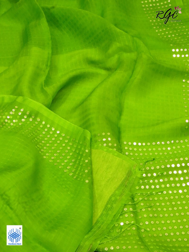 Apple Green Muslin Sequence Work Party Wear Saree - Image 4