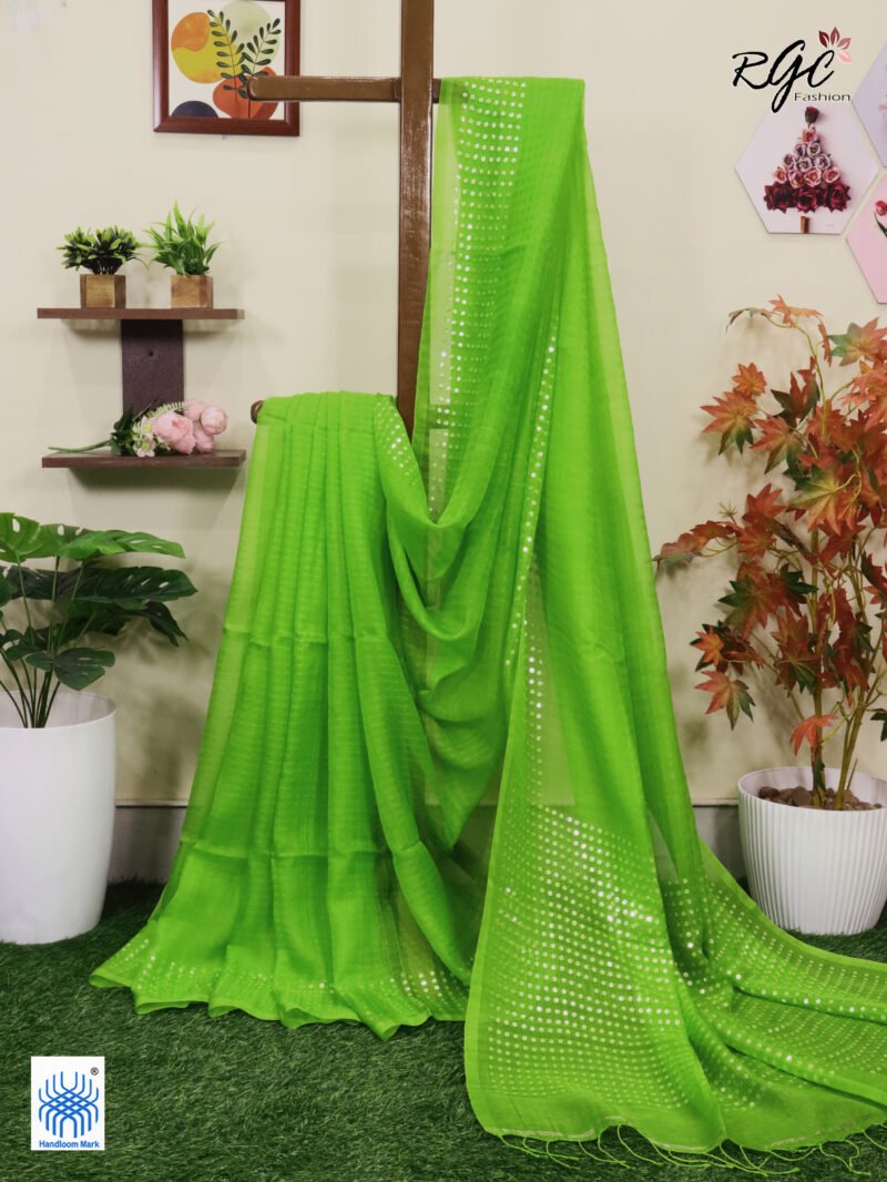 Apple Green Muslin Sequence Work Party Wear Saree
