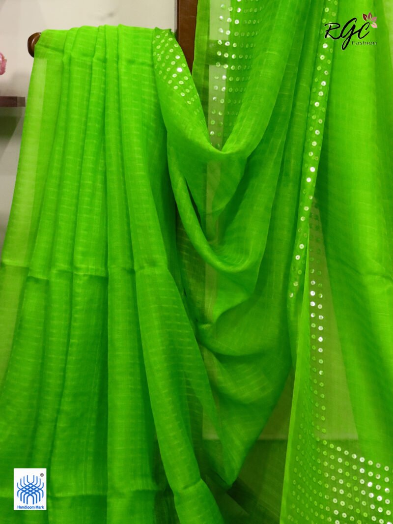 Apple Green Muslin Sequence Work Party Wear Saree - Image 3
