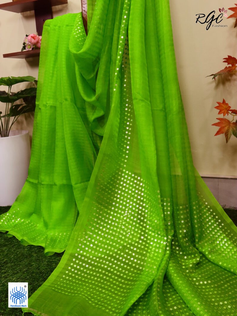Apple Green Muslin Sequence Work Party Wear Saree - Image 2