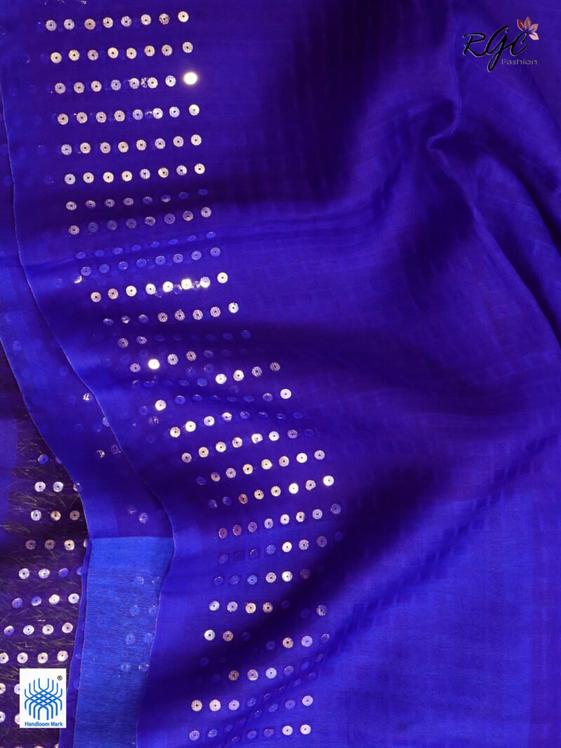 Royal Blue Muslin Sequence Work Party Wear Saree - Image 6