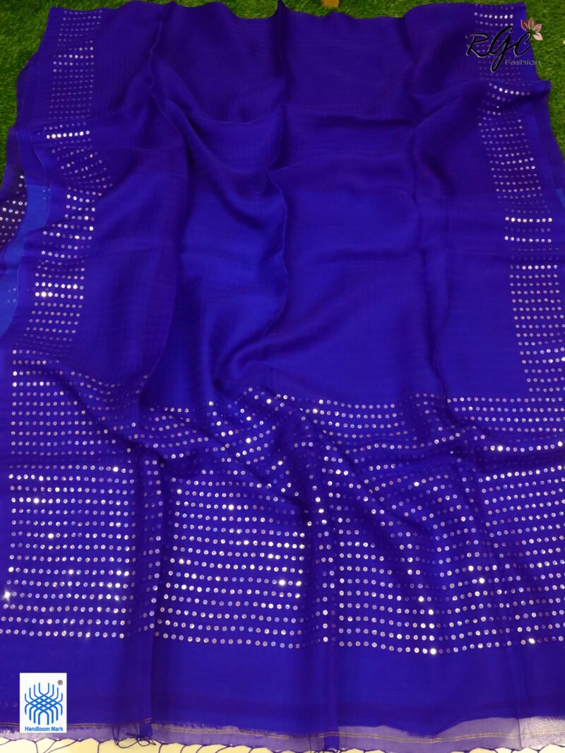 Royal Blue Muslin Sequence Work Party Wear Saree - Image 5