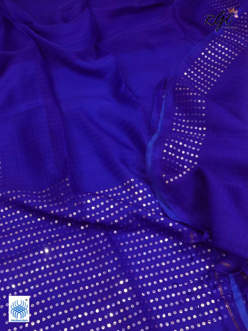 Royal Blue Muslin Sequence Work Party Wear Saree - Image 4