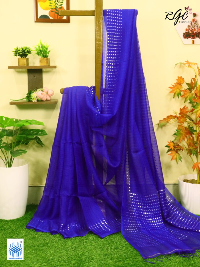 Royal Blue Muslin Sequence Work Party Wear Saree