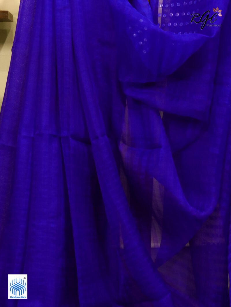 Royal Blue Muslin Sequence Work Party Wear Saree - Image 3