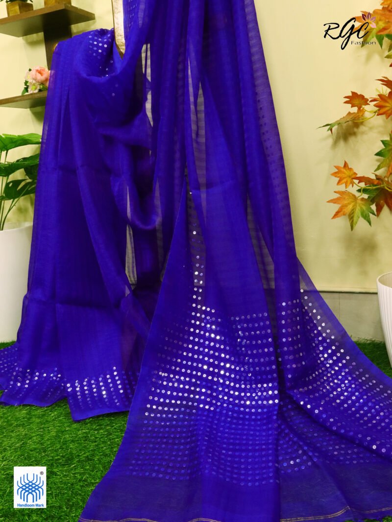 Royal Blue Muslin Sequence Work Party Wear Saree - Image 2