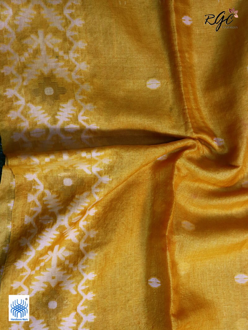 Golden Yellow Handloom Pure Gachi Tussar Jamdani Saree - Image 6