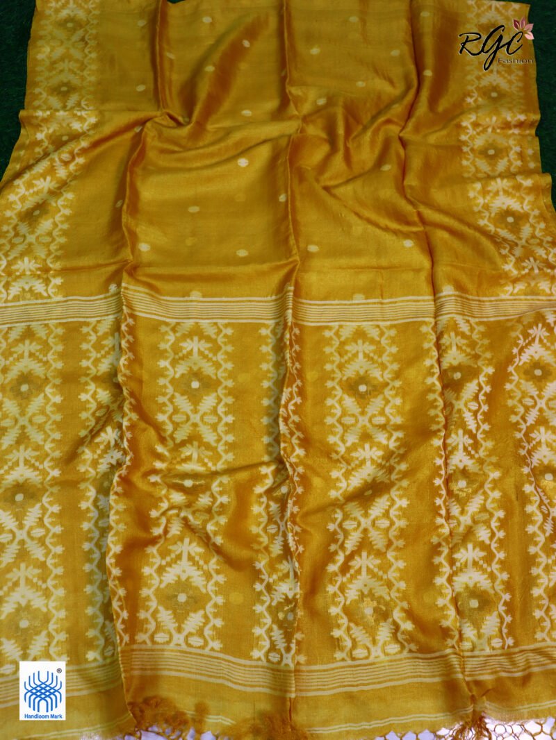 Golden Yellow Handloom Pure Gachi Tussar Jamdani Saree - Image 5