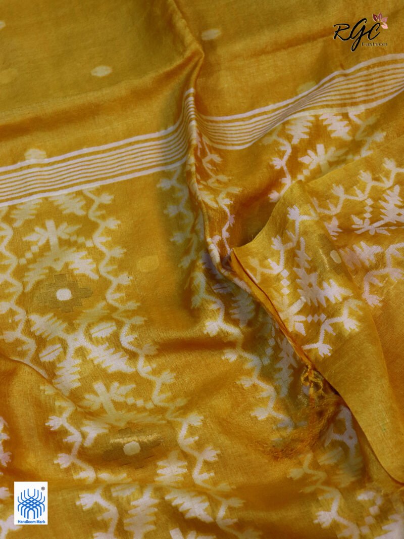 Golden Yellow Handloom Pure Gachi Tussar Jamdani Saree - Image 4