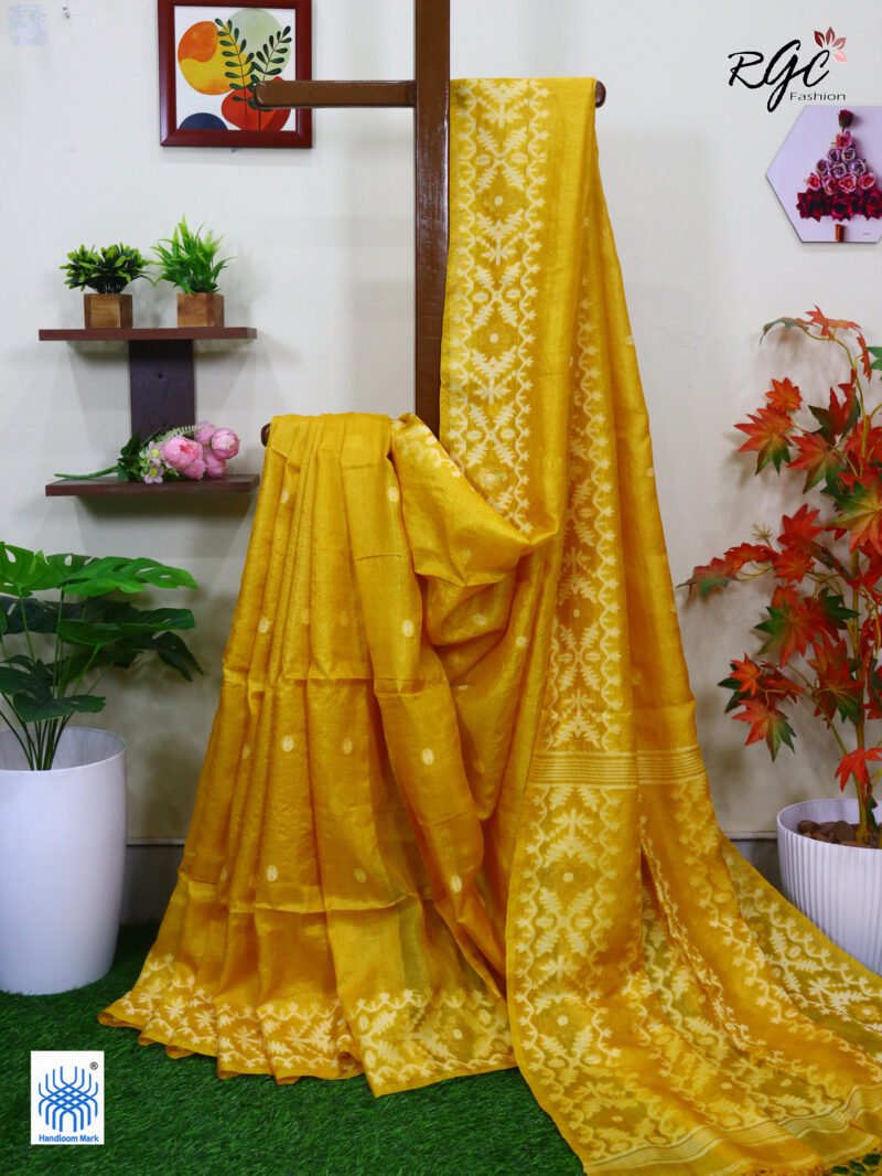 Golden Yellow Handloom Pure Gachi Tussar Jamdani Saree